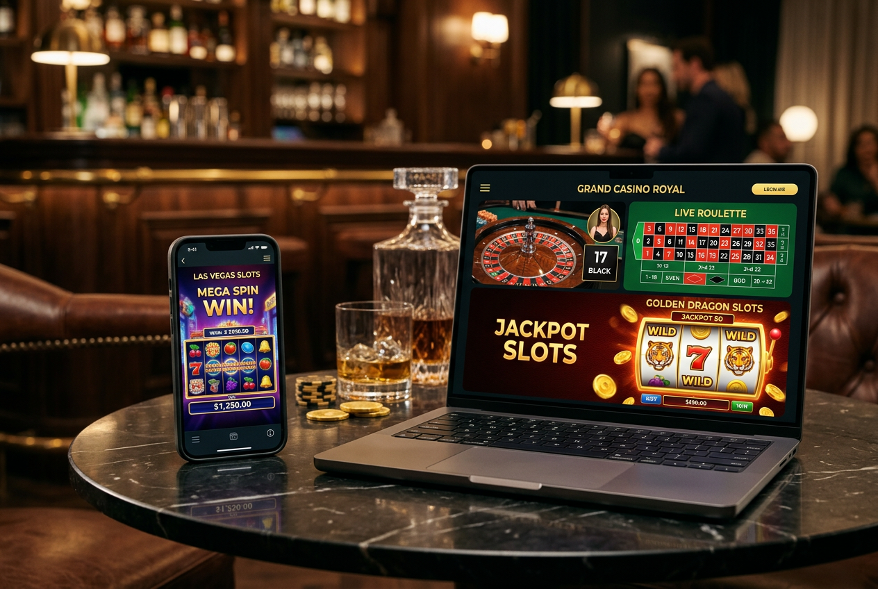 A high-end digital casino interface on a smartphone and laptop.